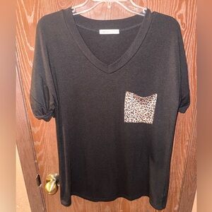 Black V-Neck Tee with Leopard Pocket